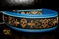dogs-art Golden Skulls Easy Release Buckle Leather Collar - electric blue/aqua/golden skulls