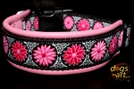 dogs-art Daisy Dot Easy Release Buckle Leather Collar - pink/black/daisy dot pink